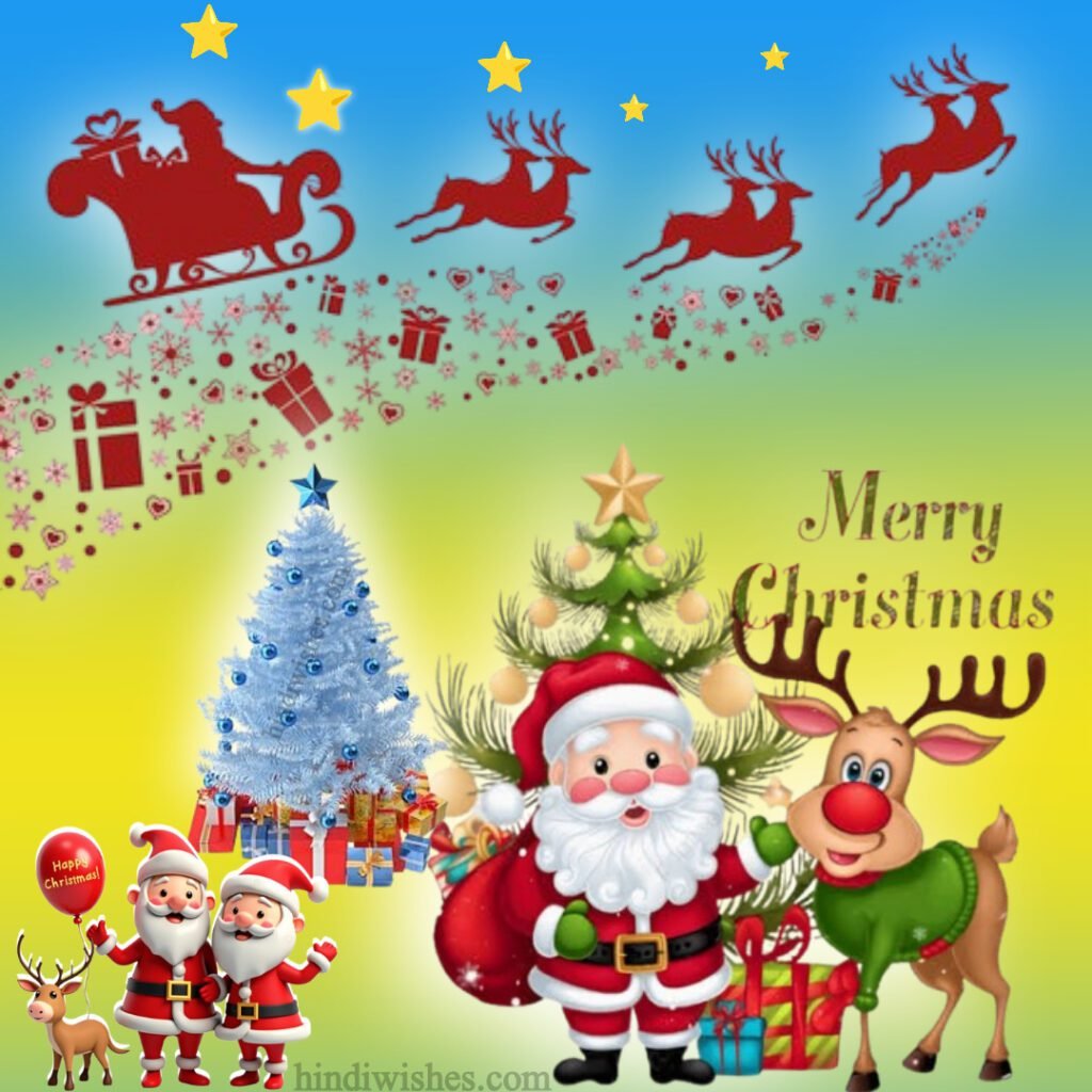 Santa Claus flying with reindeer in snowy sky – Merry Christmas 2025