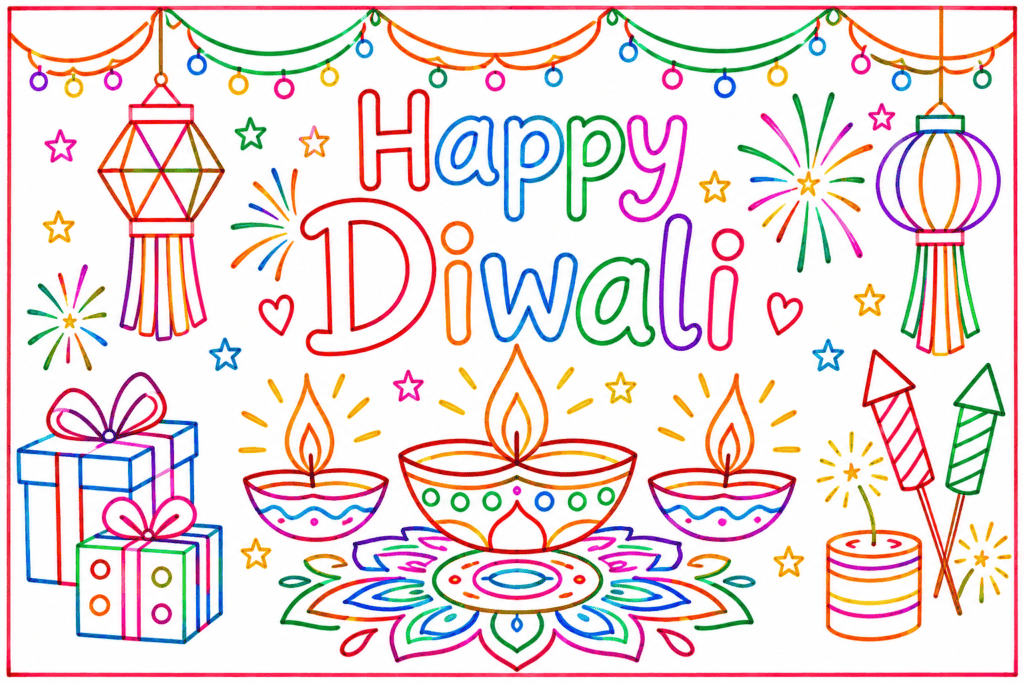 Happy Diwali Outline school drawing
