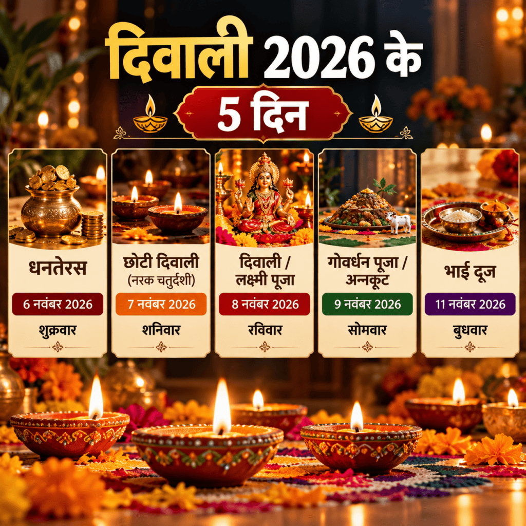 दिवाली 2026 कब है? सही तारीख, लक्ष्मी पूजा मुहूर्त और 5 दिन का कैलेंडर- Free 2 Diwali 2026 five days